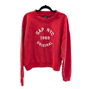 GAP NYC 1969 Washed Red Crewneck Sweatshirt Large Logo Graphic Pullover Cotton